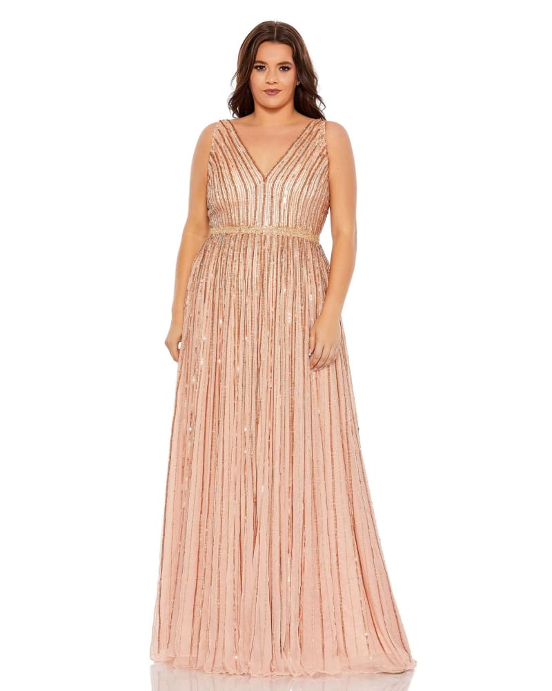 Front of a model wearing a size 12W Sequined Striped Sleeveless V Neck A Line Gown in Apricot by Mac Duggal. | dia_product_style_image_id:290027